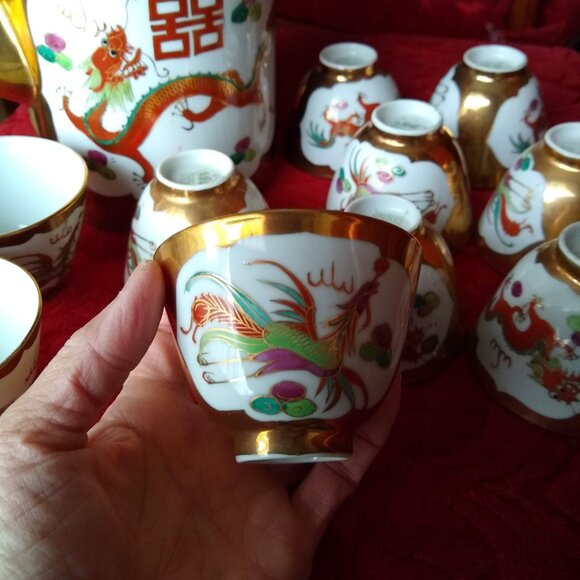 Vintage Chinese porcelain 6 x tea cups bowls set dragon phoenix double happiness - Picture 7 of 11